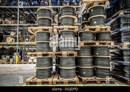 Cable drums empilés sur des palettes dans l'entrepôt Banque D'Images