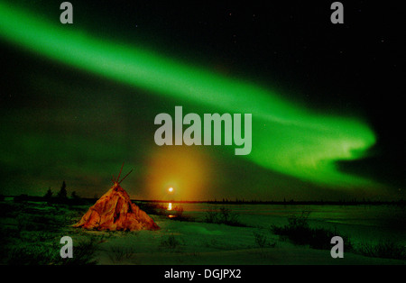 Aurora Borealis Haliaeetus pleine lune sur la peau de caribou wigwam tepee près de Churchill, au Manitoba, le sub-arctique, la baie d'Hudson, dans le Nord du Canada Banque D'Images