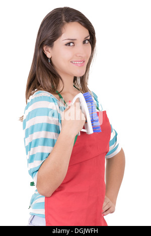 Young smiling cleaning woman. Plus isolé sur fond blanc. Banque D'Images