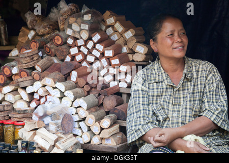 Femme vendant à l'extérieur de l'écorce de Thanaka Peik Khyin Grottes Myaung au Myanmar. Banque D'Images