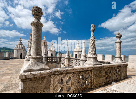 Portugal, Lisbonne, tourelles de style manuélin ornementales dans la tour de Belem Banque D'Images