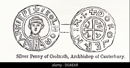 L'Angleterre anglo-saxonne. Penny d'argent de Ceolnoth Archevêque de Canterbury. Circa 1845 gravure sur bois de l'époque victorienne. Banque D'Images