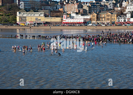 Les gens déguisés en prenant part au Lions Club Scarborough le jour de l'an Dip. Banque D'Images