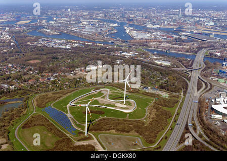 Vue aérienne, Georgswerder Energy Hill avec Trail, un projet pour l'IBA exposition de construction en 2013, Hambourg, Hambourg, Allemagne Banque D'Images