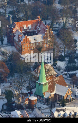 Vue aérienne, château Schloss Bergedorf, jardins du château en hiver, Bergedorf, Hambourg, Hambourg, Allemagne Banque D'Images