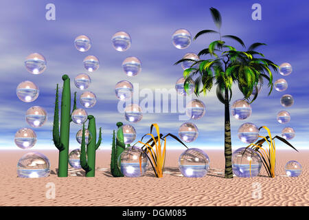La vie dans le désert, l'oasis avec l'oxygène, les graphiques 3D Banque D'Images