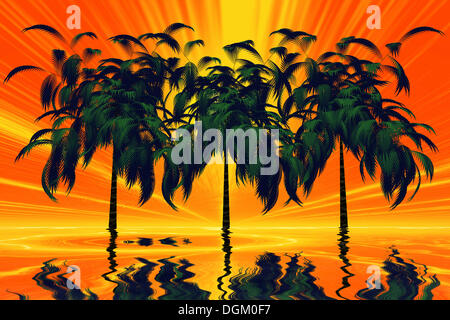 Trois palmiers dans le soleil de plomb avec la réflexion de la chaleur, les graphiques 3D Banque D'Images