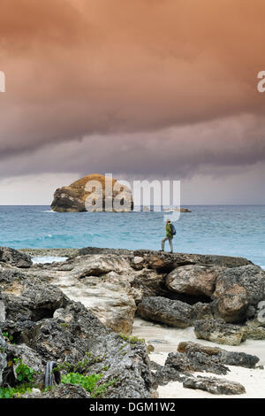 Homme debout à la pointe des châteaux, extrémité sud-est de grande terre, Guadeloupe, petites antilles, Caraïbes Banque D'Images