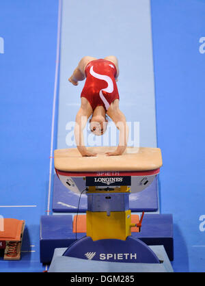 Kristin Klarenbach, Canada, voltige, EnBW, 2009 Coupe du Monde de Gymnastique Porsche-Arena, Stuttgart, Bade-Wurtemberg Banque D'Images