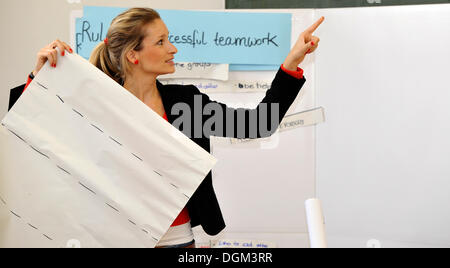 Jeune enseignante debout dans une salle de classe au cours des leçons d'anglais devant un conseil Metaplan Banque D'Images