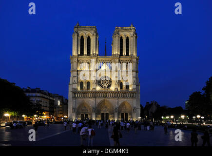 Photo de nuit, la façade occidentale de la Cathédrale Notre-Dame, Ile de la Cité, Paris, France, Europe Banque D'Images