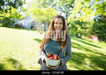 À la ferme. Une femme portant un bol de fraises cueillies. Banque D'Images