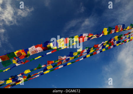 Les drapeaux de prières et de ciel bleu ornant à stupa Bodhnath stupa bouddhiste de Katmandou, UNESCO World Heritage Site, Népal, Asie Banque D'Images