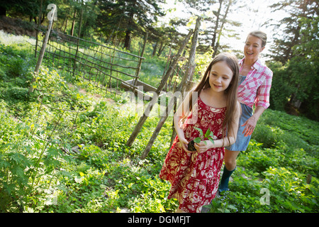 Une jeune fille tenant une plante de semis, et la marche à travers les jardins de la ferme avec une femme adulte qui suit. Banque D'Images