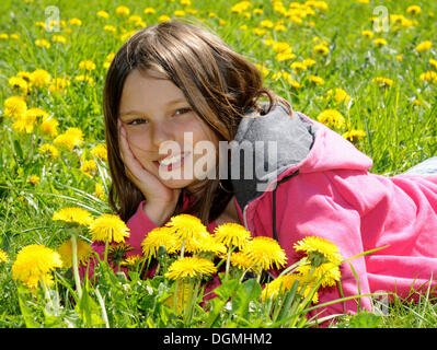 Fille, 12 ans, allongé dans un champ de pissenlit, smiling Banque D'Images