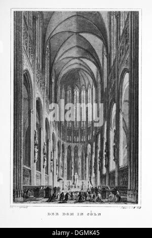 Gravure historique représentant la cathédrale de Cologne, dessiné par G. Osterwald, acier gravé par J.M. Kolb, de style gothique, l'historicisme Banque D'Images