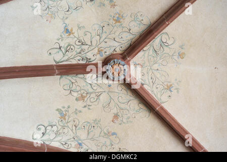 Croix gothique voûte striée avec fresques florales dans la salle capitulaire de l'abbaye de Kloster Eberbach Eberbach, Eltville, Hesse Banque D'Images