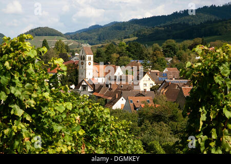 Village viticole de Britzingen Markgraeflerland en région avec l'église protestante de St Johannes, Forêt-Noire Banque D'Images