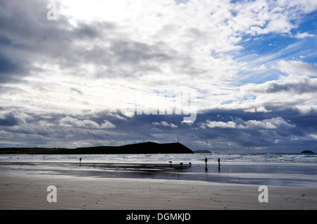 Cornouailles du nord - plage de Polzeath - vue sur le sable et les vagues de Point pas-à-pas - contour foncé - volutes - nuages gris blanc bleu Banque D'Images