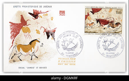 Enveloppe premier jour, Grotte Prehistorique de Lascaux, en France, le 13 avril 1968 Banque D'Images