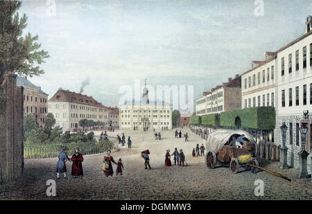 En 1840, Elbing Friedrich-Wilhelm-Platz, paysage urbain historique, gravure sur acier du xixe siècle, autrefois la Prusse de l'Est Banque D'Images