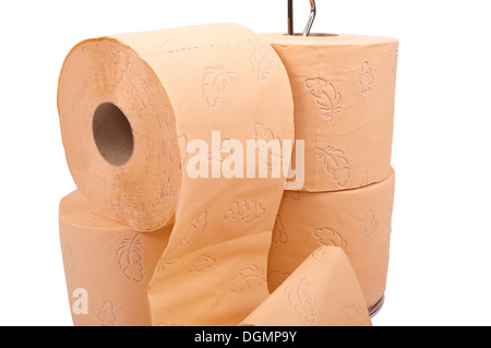 Plusieurs rouleaux de papier toilette sur porteur isolé sur fond blanc Banque D'Images