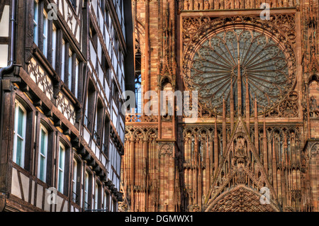 La façade de la cathédrale de Strasbourg et le bâtiments médiévaux de la rue Mercière autour d'elle. Banque D'Images