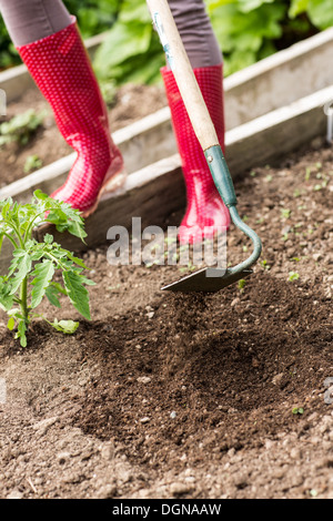 Femme portant des bottes en caoutchouc rouge avec une binette de travail Banque D'Images