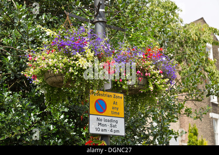 Pas d'attente de signe sur un lampadaire avec fleurs décoratives, Cambridge, Angleterre Banque D'Images