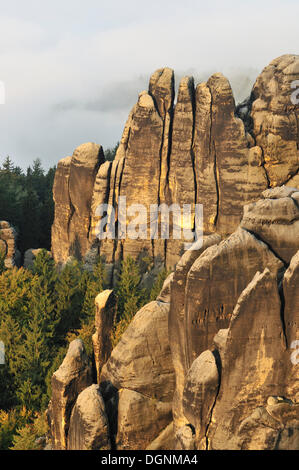 Rock formation dans les roches Schrammsteine ​​With brouillard, Suisse Saxonne, Bad Schandau, Suisse Saxonne, Saxe Banque D'Images