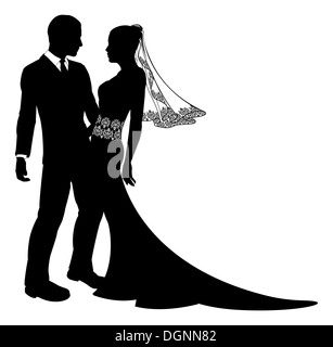 Un couple de jeunes mariés en silhouette avec belle robe de mariée avec voile et dentelle motif floral abstrait. Banque D'Images