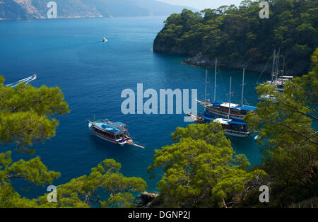 Des bateaux d'excursion, Blaue Reise bateau dans Oeluedeniz près de Fethiye, Turquie, Côte égéenne turque Banque D'Images