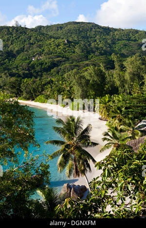 Vue de la plage d'Anse Takamaka, l'île de Mahé, Seychelles, Afrique, Océan Indien Banque D'Images
