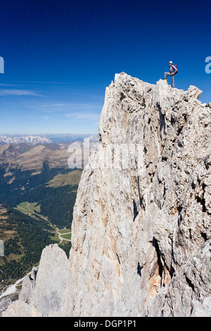 Grimpeur sur le sommet de la Cima Vezzena Mountain dans le groupe Pala, surplombant les Dolomites avec le groupe Rosengarten, Trentino Banque D'Images