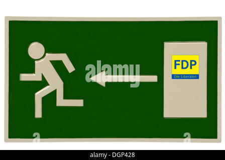 Enseigne de sortie d'urgence avec FDP logo sur la porte, image symbolique de la perte de l'appartenance à la FDP Banque D'Images