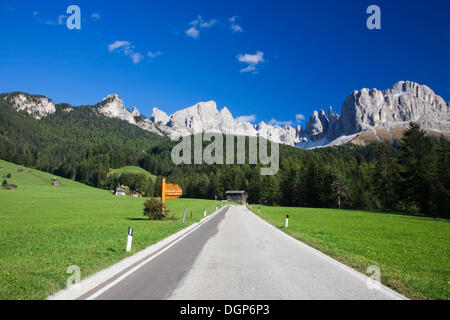 Route de Saint Cipriano en direction de la montagne, Groupe de Rosengarten, Dolomites, Italie Banque D'Images