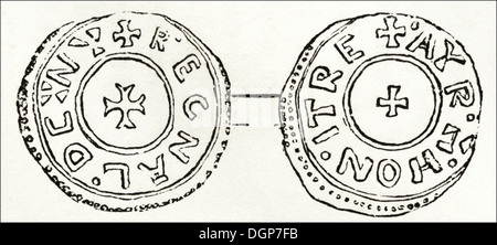 L'Angleterre anglo-saxonne. Penny d'argent d'Raegnald, roi de Northumbrie. Circa 1845 gravure sur bois de l'époque victorienne. Banque D'Images