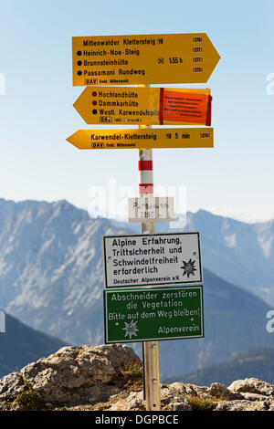 Signpost, Passamani route circulaire, Mittenwald, Karwendel, Haute-Bavière, Bavière Banque D'Images