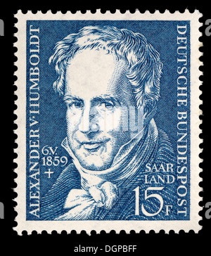 Timbre de La Sarre - Friedrich Wilhelm Heinrich Alexander von Humboldt (1769-1859), naturaliste allemand, géographe, explorateur Banque D'Images