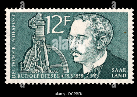 Timbre de La Sarre - Rudolf Christian Karl Diesel (1858-1913) inventeur et ingénieur allemand, inventeur du moteur diesel. Banque D'Images
