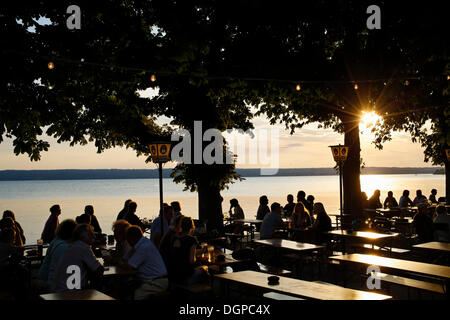 Jardin de bière à Herrsching am Ammersee, Lac, Fuenseenland, région de la Haute-Bavière, Bavaria, PublicGround Banque D'Images