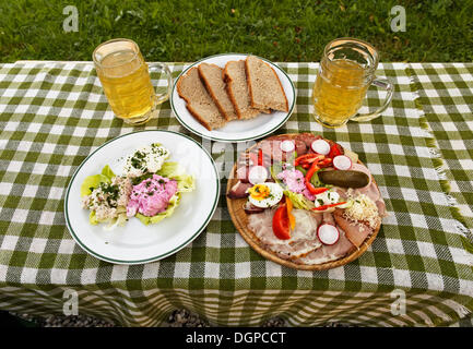 Une saucisse et assiette de fromage et quelques réparties sur une plaque avec deux verres de cidre, vin jeune, près de Gruenberg, Pyhrn-Eisenwurzen Banque D'Images