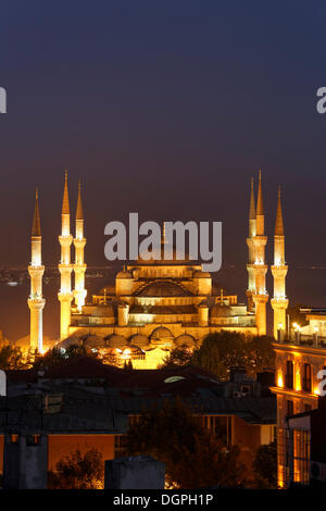 La Mosquée Bleue, la Mosquée Sultan Ahmed ou Sultanahmet Camii, la nuit, Istanbul, côté européen, Istanbul, Turquie Province Banque D'Images