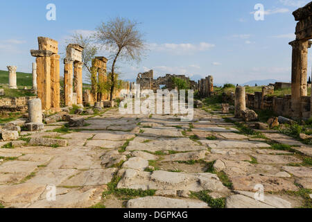 Rue avec colonnade, ville antique d'Hiérapolis, Pamukkale, Hiérapolis, près de la province de Denizli, Région de l'Egée, la Turquie Banque D'Images