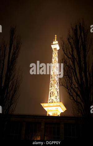Vue vers la tour radio de Berlin Funkturm illuminée la nuit, Berlin Banque D'Images