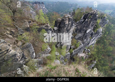 Bastei rock formation, Rathen, Nationalpark Sächsiche Schweiz, Saxe, Allemagne Banque D'Images