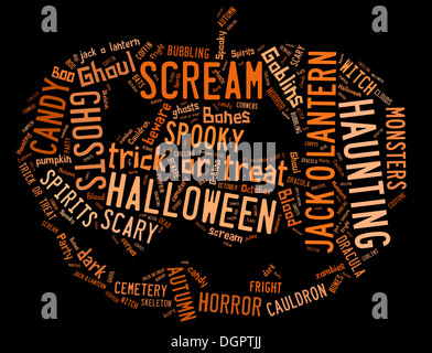 Nuage de mots montrant mots traitant de l'Halloween dans la forme d'un jack-o-lanterne sur fond noir Banque D'Images