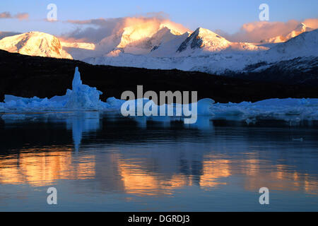 Lago argentino avec des icebergs, au lever du soleil près du glacier Perito Moreno, hautes Andes, près d'El Calafate, en Patagonie, Argentine Banque D'Images