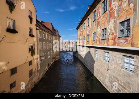 Vue de la rivière Regnitz, vu de l'ancienne mairie, Obere Bruecke Bridge, Bamberg, Franconia, Bavaria Banque D'Images