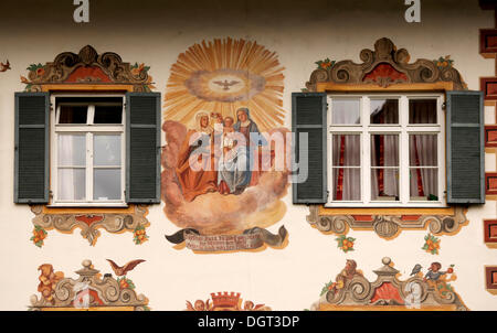 Lueftl Malerei, peinture murale traditionnelle sur le côté d'une maison, Oberammergau, Haute-Bavière Banque D'Images